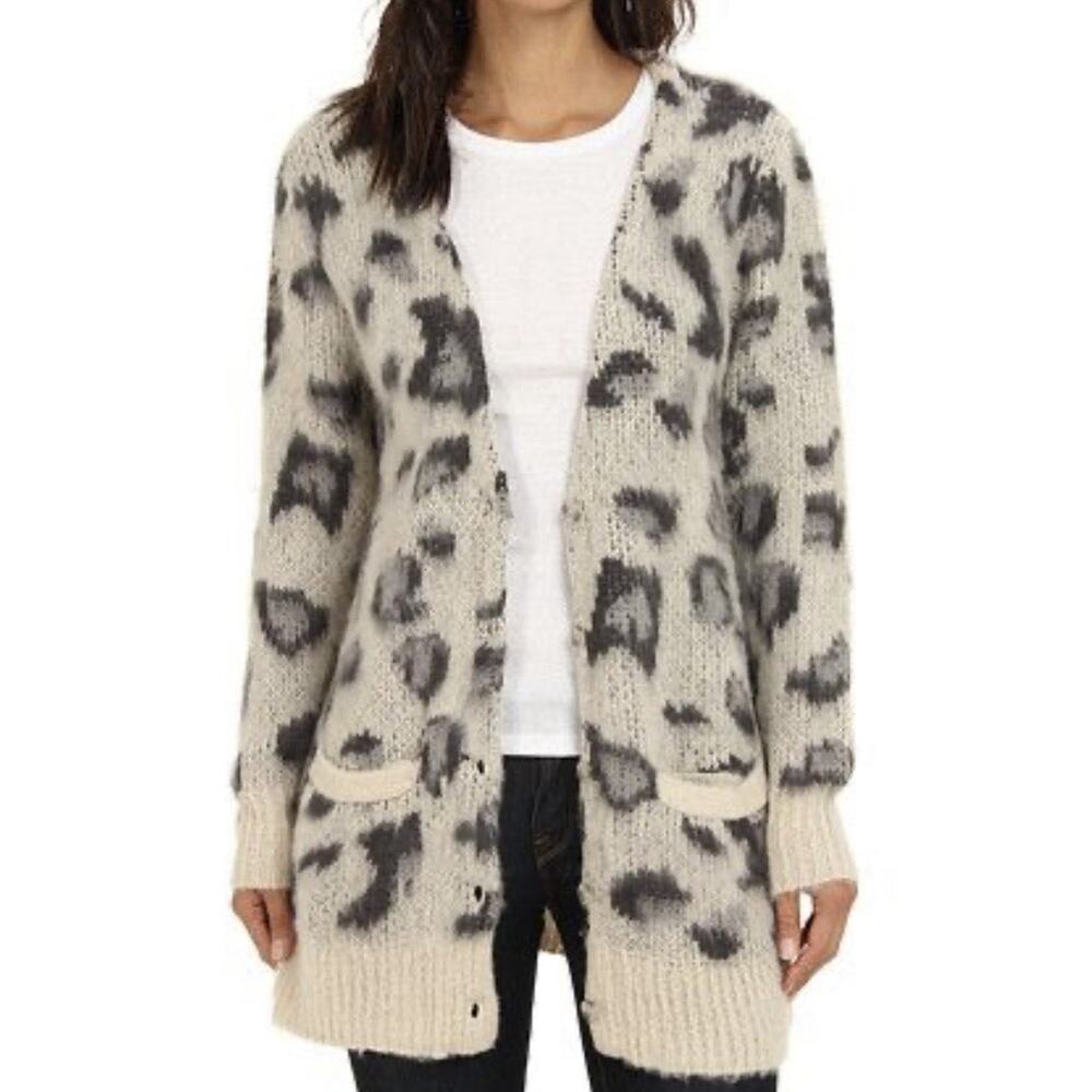Free People Women Sweater S Cream Snow Leopard Out Of Africa Cardigan Wool Blend